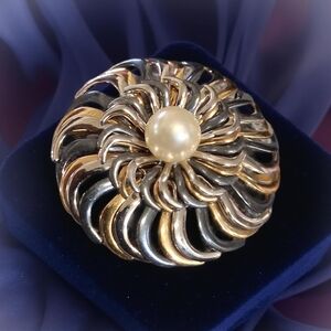 Napier Gold and Silver Sunburst Brooch with Pearl Center